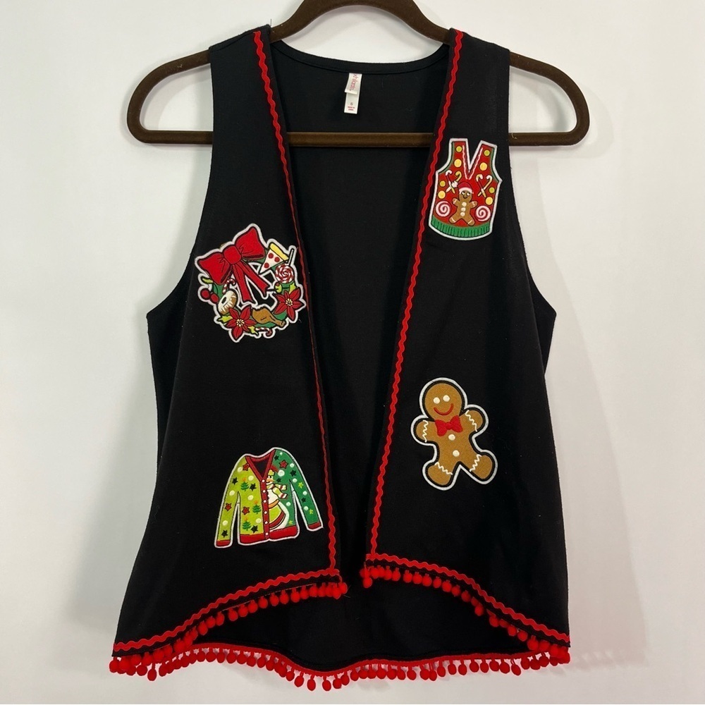 Christmas Vest Appliqué Tassel Trim Black Red sz Small